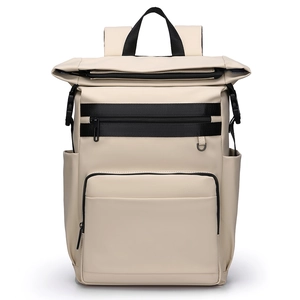 Beige waterproof double-layer thermal picnic backpack with roll-top closure for outdoor camping
