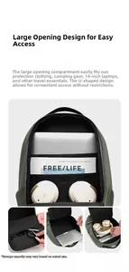 U-shaped main opening of olive green travel backpack showing 14-inch laptop compartment