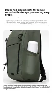 Deep mesh side pocket on army green backpack for secure water bottle storage