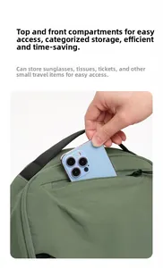 Detail of army green backpack showing top quick-access pocket with mobile phone storage