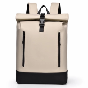 Minimalist 16-inch roll-top laptop backpack in cream white and black waterproof material