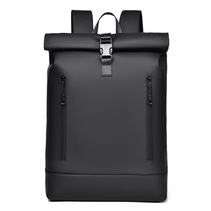 Minimalist black roll-top 16 inch laptop backpack for travel and daily commute