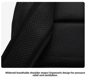 Detail of ergonomic breathable mesh shoulder straps on black commuter laptop backpack