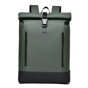 Army green waterproof roll-top backpack with dual zippers for 16-inch laptops and travel