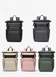 Travel backpacks shown in black, gray, almond, pink, and green with front pockets