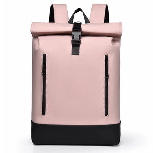 Pink and black roll-top 16 inch laptop backpack with waterproof coating and dual zippers