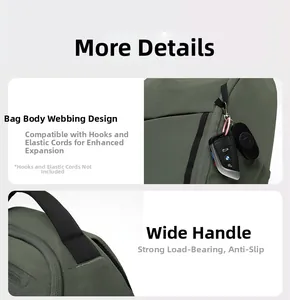 Detail of durable green nylon backpack with MOLLE webbing and reinforced carry handle