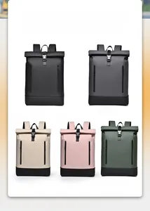 Matrix view of 16-inch laptop backpacks in black, grey, almond, pink, and green options
