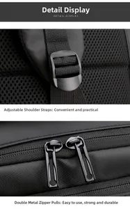 Detalle de las correas ajustables y las cremalleras metálicas dobles en la mochila negra