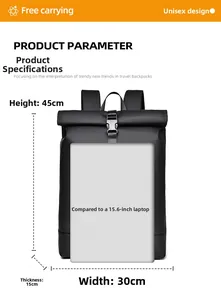 Detailed size chart for 15.6 inch laptop backpack showing dimensions 45x30x15cm in black