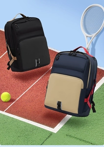Dual-color functional backpacks with multi-zipper compartments on a tennis court
