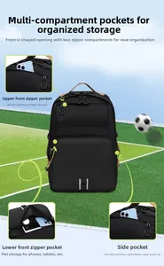 Detail view of black commuter backpack featuring multi-layer storage and leather handle