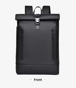 Front view of black roll-top 16-inch laptop backpack with waterproof texture and dual zippers