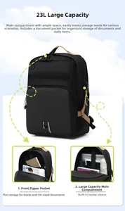 Detail view of 23L black waterproof backpack showing interior compartments and A4 storage