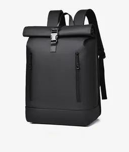 Detail of waterproof matte black roll-top business backpack with dual vertical zipper pockets