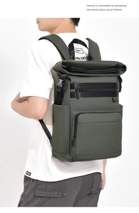 Detail of the waterproof roll-top closure and buckles on this green thermal picnic backpack