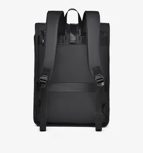 Detail of laptop backpack back panel featuring padded straps and luggage trolley strap