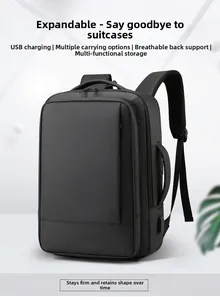 Detalle de mochila expandible con puerto USB y acolchado de espalda transpirable