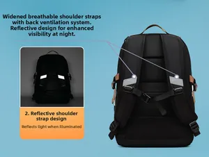 Detail of breathable padded shoulder straps and reflective safety strip on black backpack