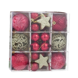 Set de bolas de Navidad rojas y doradas en caja para decorar el árbol festivo
