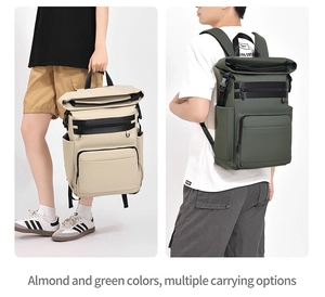 Outdoor insulated picnic backpack in almond and olive green with roll-top design