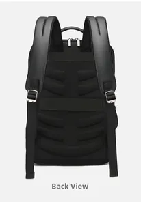 Detailed back view of business backpack featuring breathable ergonomic padding and leather straps