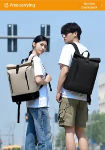 Minimalist unisex roll-top laptop backpack for commuting with waterproof matte fabric