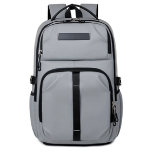 Minimalist light grey large capacity travel backpack with black strap and buckle details