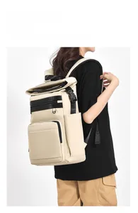 Model wearing a beige insulated picnic backpack showing side view and adjustable straps