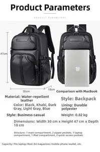 Detailed size specifications of the water-resistant 0.82kg backpack with laptop compartment