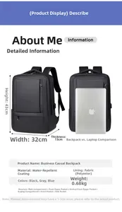 Detailed dimensions and internal structure of the 43x32x13cm waterproof business backpack
