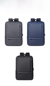 Front view of large business backpacks available in grey, blue, and black water-resistant nylon
