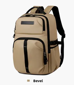 Bevel view of a khaki multi-pocket business backpack with durable nylon fabric