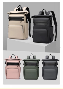 Detail of insulated picnic backpack showing roll-top buckle closure and five color options