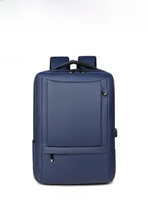 Front view of a blue business laptop backpack with waterproof fabric and USB port