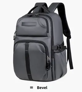 Side view showing waterproof fabric texture and adjustable buckle of grey backpack