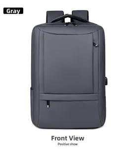 Front view of grey large capacity business travel backpack with waterproof oxford fabric