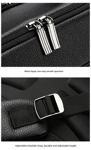 Close-up of dual metal zippers and adjustable textile shoulder strap on black PU backpack