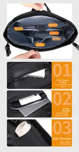 Detail view showing internal multi-layer storage compartments and pockets of the backpack