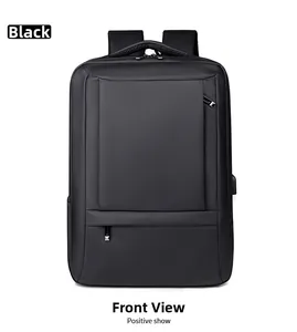 Front view of black water-resistant business laptop backpack with side bottle pocket