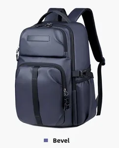 Angled view of a large navy blue business laptop backpack with water-resistant fabric