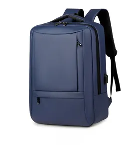 Detailed side view of navy business laptop backpack showing external USB charging port