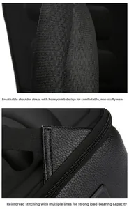 Detail of honeycomb breathable mesh shoulder straps and reinforced stitching on PU backpack
