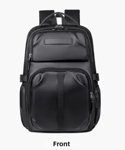 Front view of large capacity waterproof black business laptop backpack with multiple pockets