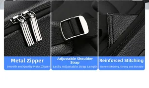 Detail of high-quality metal double zippers and reinforced stitching on PU leather backpack