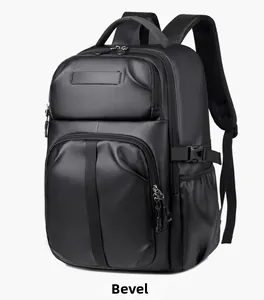 Detail view of large capacity black backpack showing side buckles and padded straps