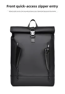 Detail of roll-top backpack with dual vertical quick-access front zipper pockets