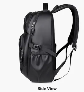 Side view of black ergonomic backpack showing multi-layer zippers and mesh shoulder straps
