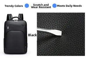 Detail view of black faux leather backpack showing scratch-resistant lychee texture surface