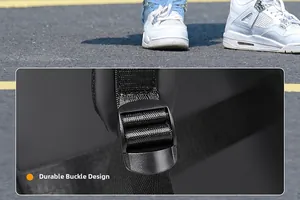 Detail of durable thick plastic buckle and reinforced webbing on travel backpack